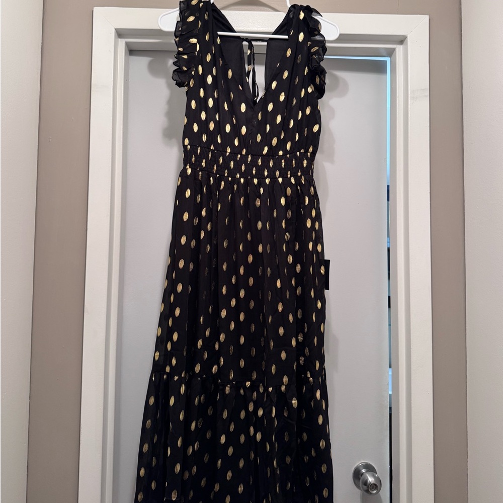Lulu's Black and Gold Polka Dot Midi Dress